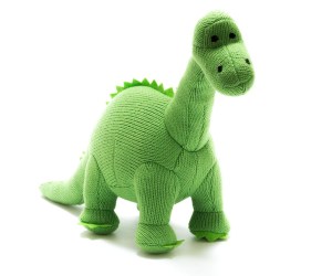 Small green, orange and stripe knitted stegosaurus dinosaur baby rattles